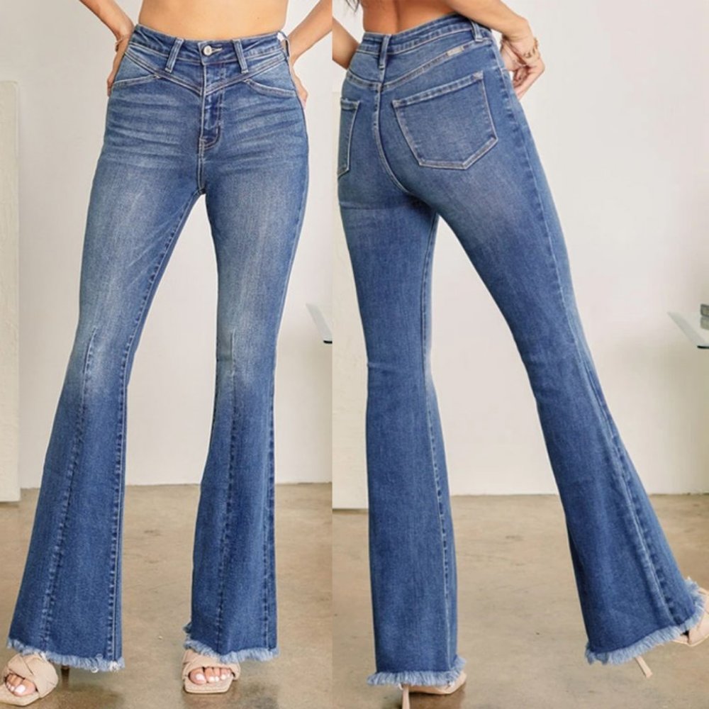 NEW KanCan Ashton Super High Rise Front Yoke Bell Bottom Flare Jeans Medium Wash - Picture 4 of 12